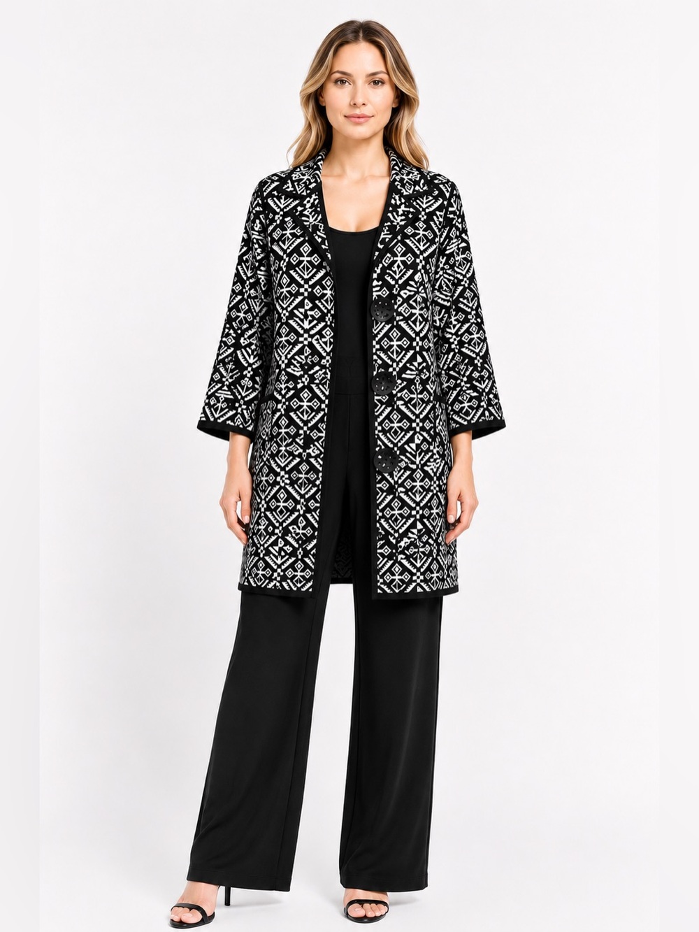 Thomas & Olivia Open Front Cardigan Sweater Black White Aztec Tribal Knit Size M